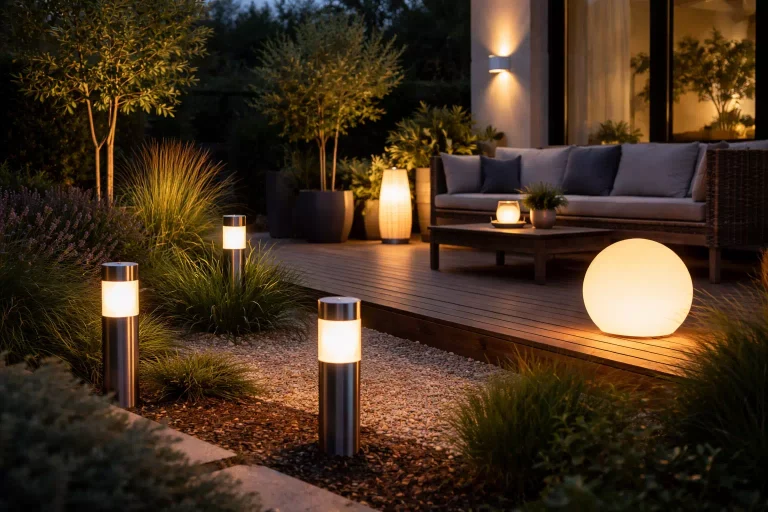 lampe solaire Lumisky installée dans un jardin moderne avec éclairage décoratif extérieur
