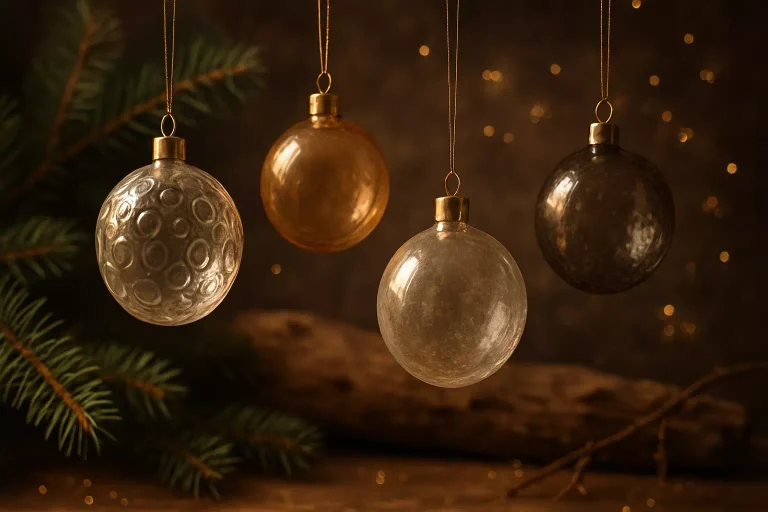 Boules Meisenthal artisanales en verre soufflé suspendues, décorations de Noël traditionnelles et design fabriquées en France dans les Vosges.