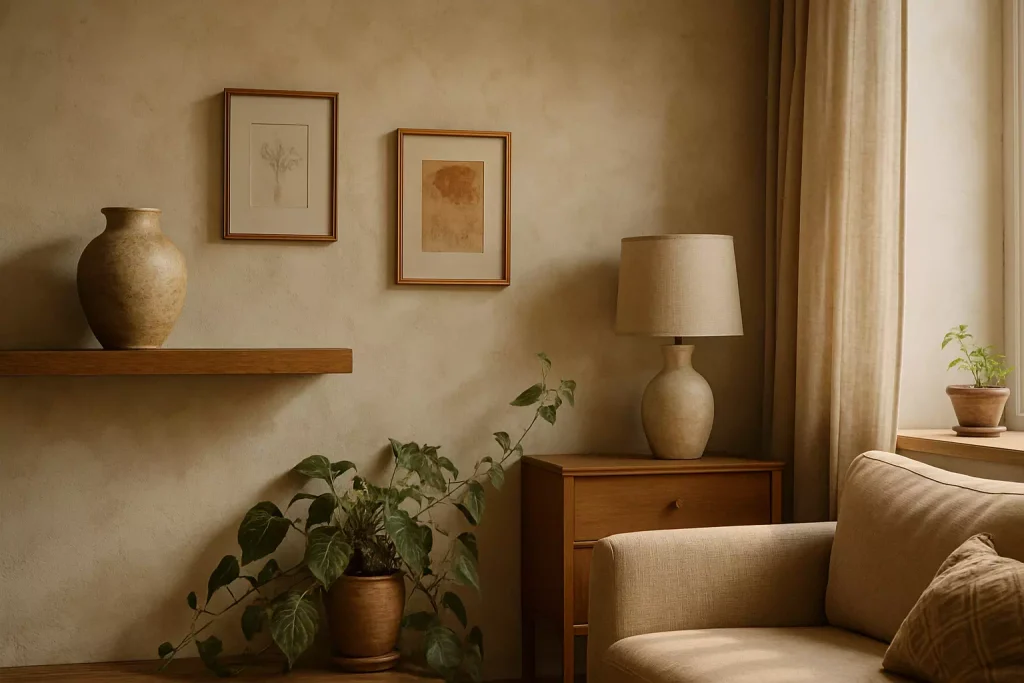 Coin de salon authentique avec décoration intérieure naturelle, poterie artisanale et plantes vertes, éclairé par une lumière douce et chaleureuse