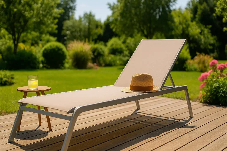 Transat de jardin moderne sur terrasse en bois dans un cadre verdoyant et ensoleillé