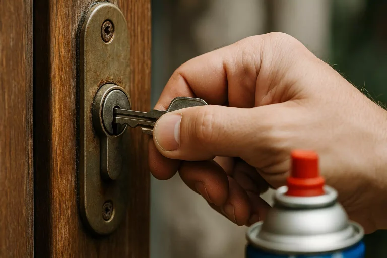 Main insérant une clé dans une serrure grippée avec un lubrifiant à proximité, méthode simple pour débloquer une serrure bloquée