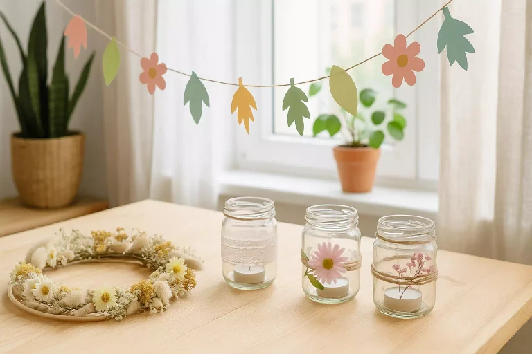 Décoration de printemps à fabriquer soi-même sur une table lumineuse avec fleurs séchées, pots décorés et guirlandes DIY