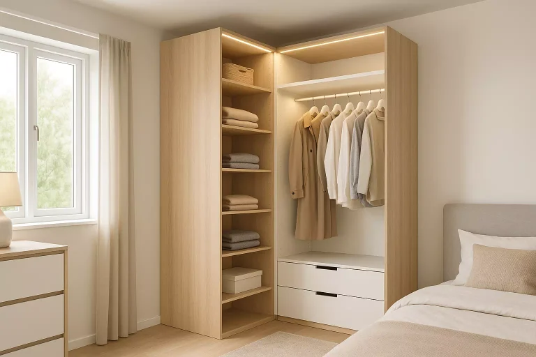 Dressing d’angle moderne en bois clair dans une chambre lumineuse, solution gain de place idéale pour optimiser l’espace de rangement