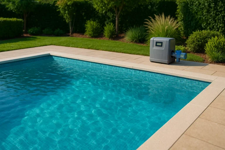 Électrolyseur au sel installé au bord d’une piscine avec eau claire, traitement automatique pour désinfection naturelle