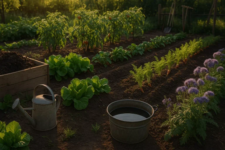 Potager fertile en fin de journée avec légumes, compost, purin d’ortie et engrais verts, illustrant l’utilisation d’engrais naturels au jardin