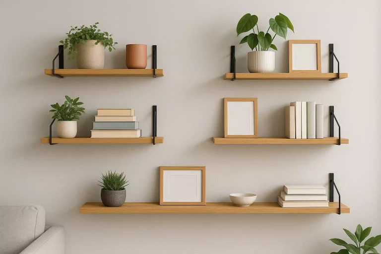 Étagères murales en bois avec supports en métal noir, décorées de livres, cadres et plantes vertes dans un salon moderne au mur gris clair.