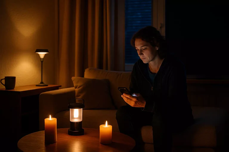 Personne assise dans un salon faiblement éclairé par des bougies et une lanterne LED, pendant un black-out électrique à la maison