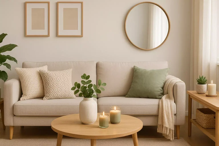 Idée déco Action pour un salon moderne et chaleureux avec objets à petit prix comme coussins, bougies, plantes et miroir rond.