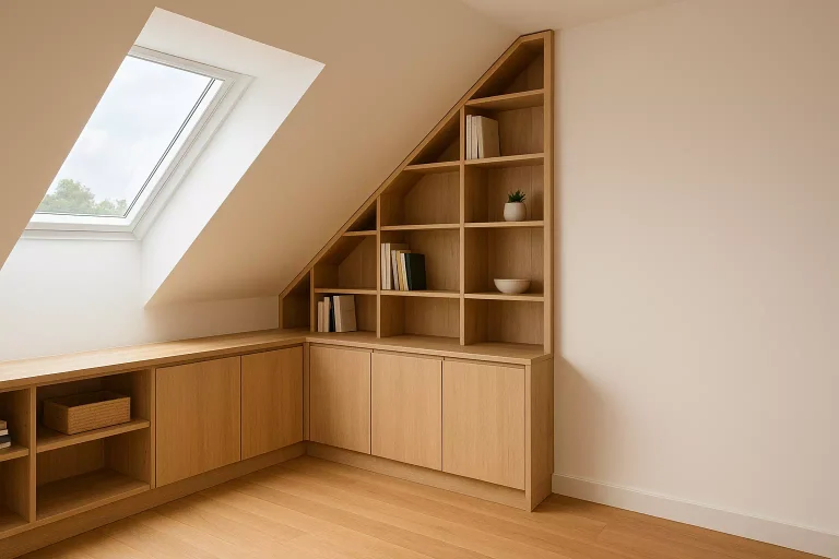 Meuble sous pente sur mesure en bois clair aménagé dans des combles, avec rangements fermés et étagères ouvertes pour optimiser l’espace.