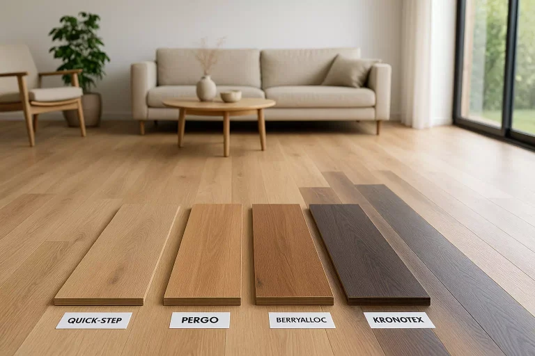 Comparatif visuel de parquets stratifiés des marques leaders comme Quick-Step, Pergo ou Kronotex dans un salon moderne lumineux