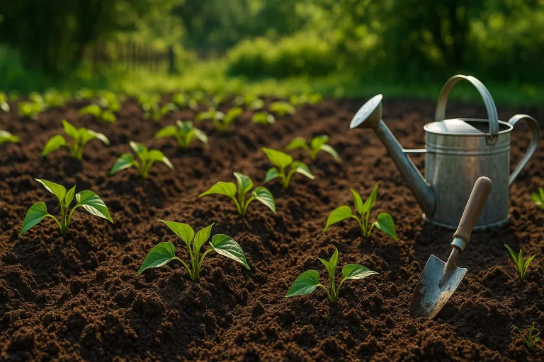 Jeunes plants de patates douces fraîchement plantés dans un jardin ensoleillé au printemps, avec outils de jardinage sur sol meuble et riche.