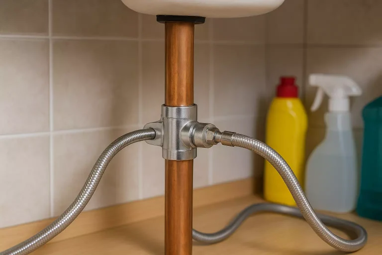 Installation d’un robinet autoperceur sous un évier de cuisine, fixé sur un tuyau en cuivre, illustrant l’étape du remplacement.