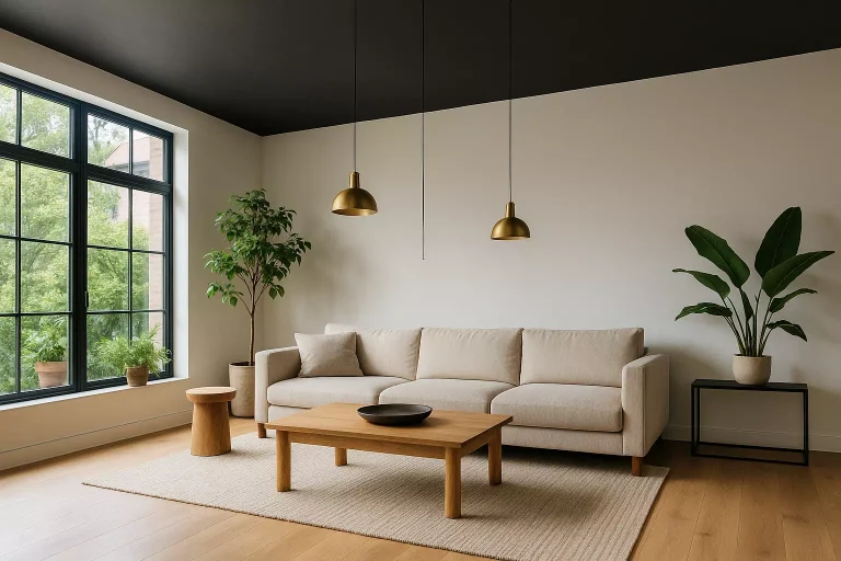 Salon moderne avec plafond noir mat, murs clairs et décoration contemporaine, illustrant une idée audacieuse de plafond noir en aménagement intérieur.