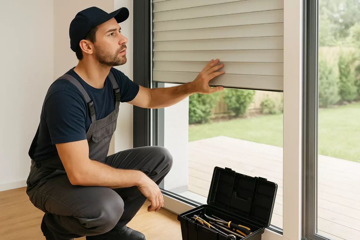 Homme réparant un volet roulant bloqué sur une fenêtre, solution pratique et efficace