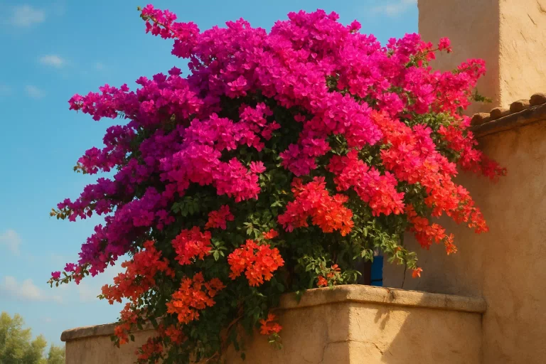 Bougainvillier fleuri sur un balcon ensoleillé dans un décor méditerranéen