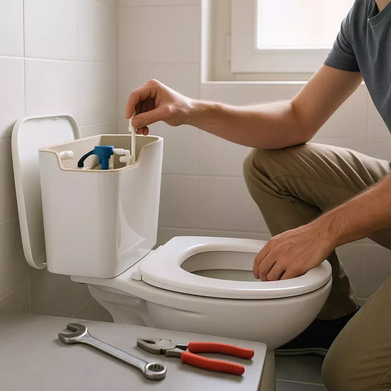 Inspection d’une chasse d’eau qui coule après remplissage, main ajustant le flotteur dans le réservoir des WC