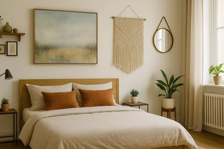 Inspiration de décoration murale pour une chambre moderne et harmonieuse avec tableau, textile mural et ambiance chaleureuse