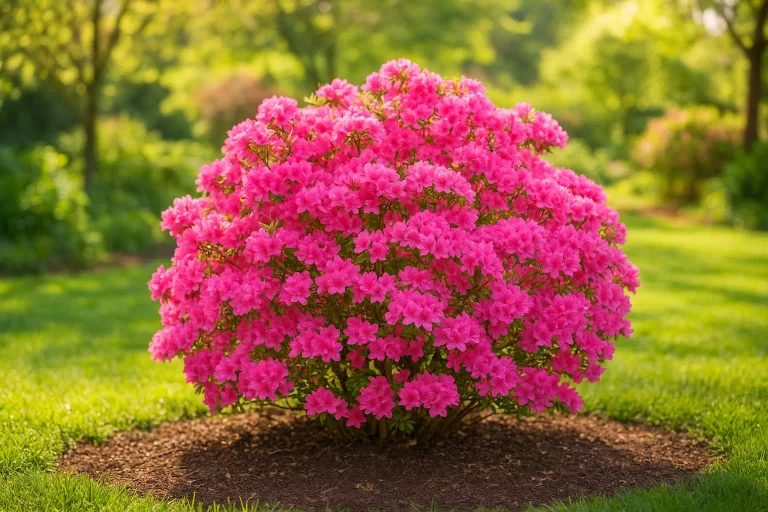 Azalée en pleine floraison dans un jardin, symbole de longévité et de soin