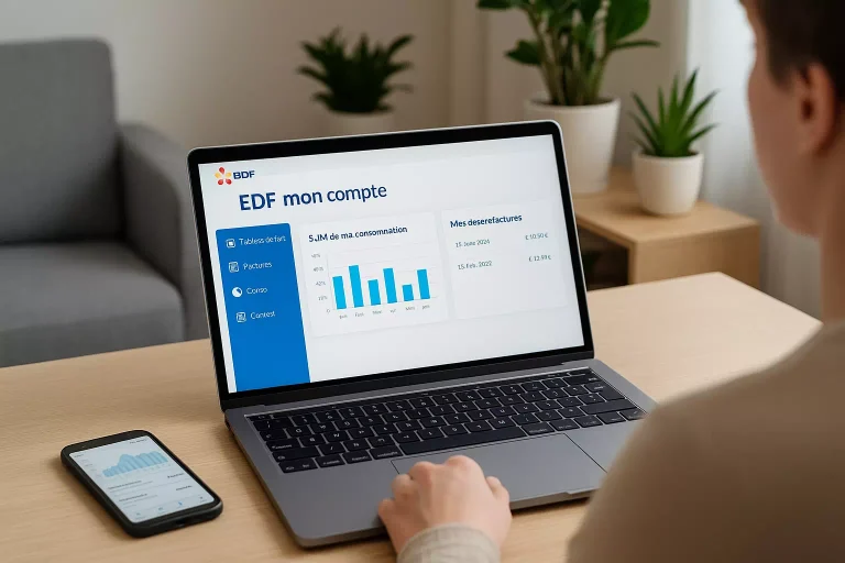 Personne consultant son espace EDF mon compte sur ordinateur portable dans un intérieur moderne, avec suivi de consommation visible à l’écran