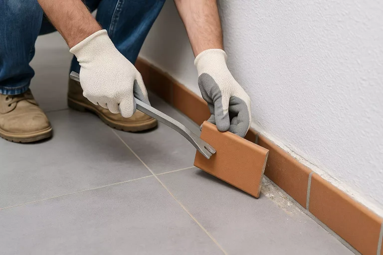 Retrait d’une plinthe en carrelage lors d’un chantier de rénovation intérieure
