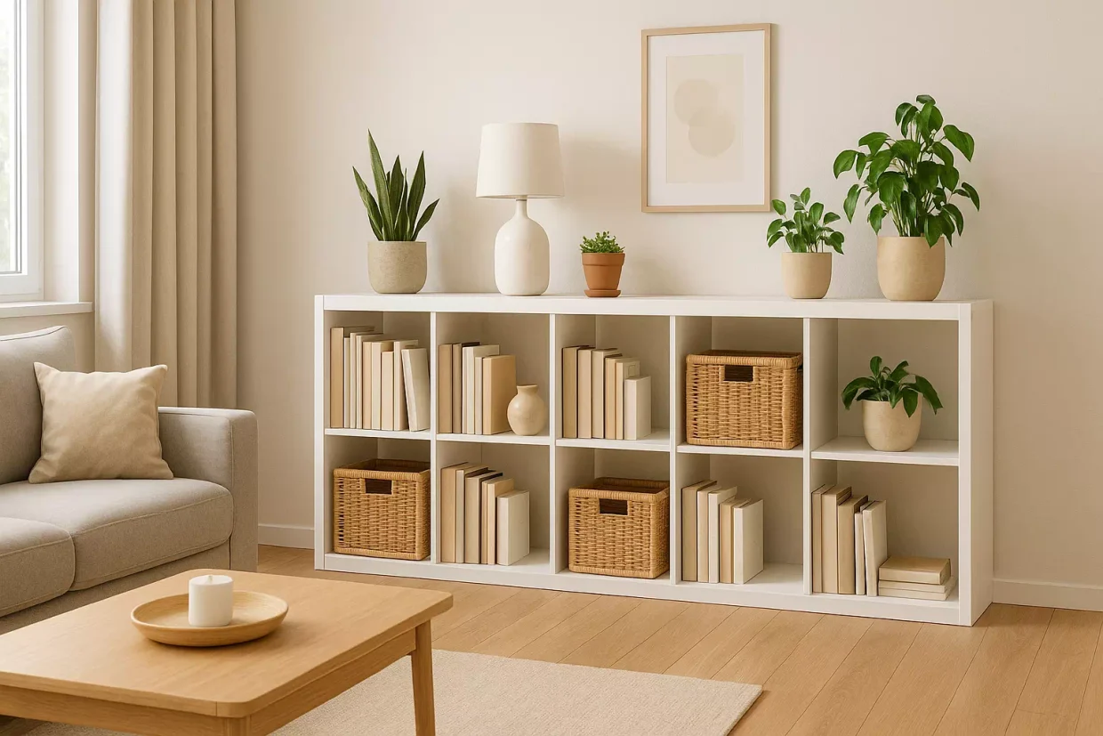 Étagère Ikea Kallax dans un salon moderne de style scandinave, utilisée pour le rangement et la décoration