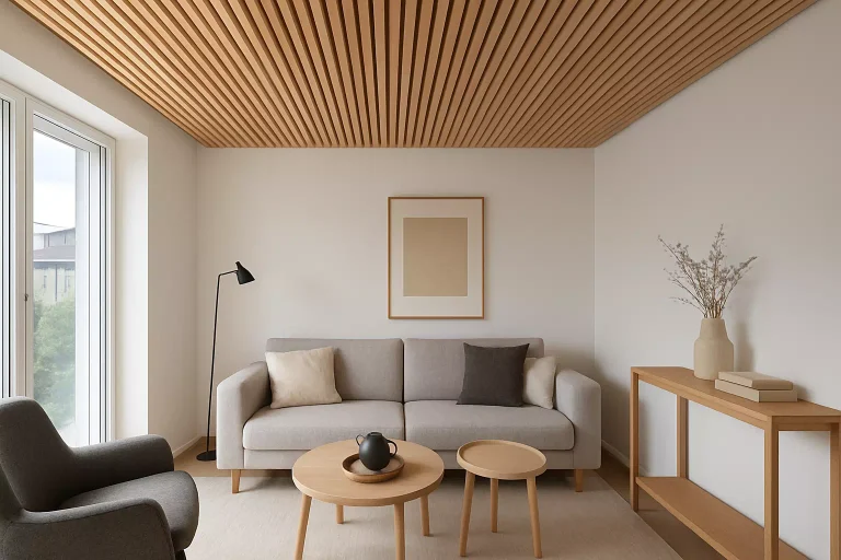 Vue d’un plafond en lattis bois dans un salon moderne et lumineux avec décoration scandinave