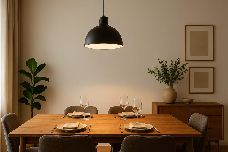 Luminaire suspendu au-dessus d'une table de salle à manger moderne dans un intérieur chaleureux