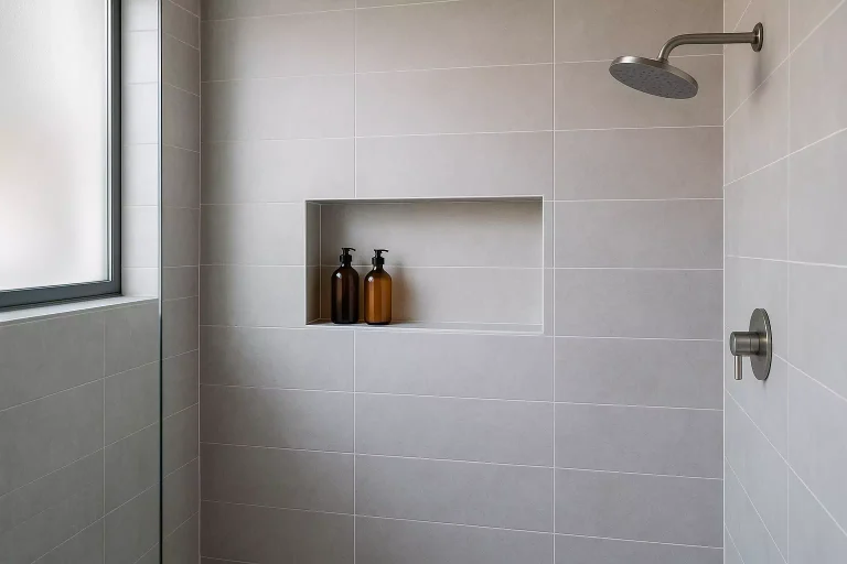 Niche de douche moderne intégrée dans une salle de bain design avec carrelage clair et produits de soin rangés élégamment