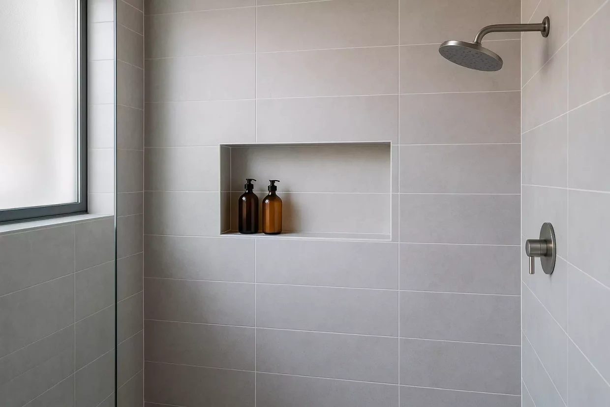 Niche de douche moderne intégrée dans une salle de bain design avec carrelage clair et produits de soin rangés élégamment