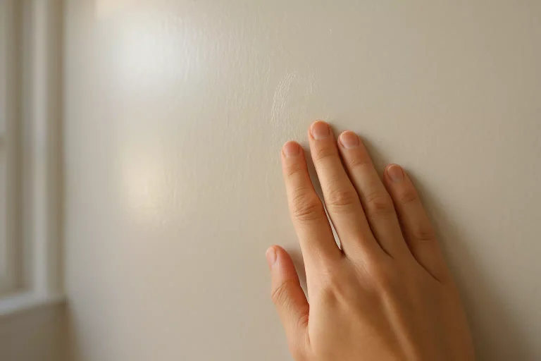 Mur intérieur avec peinture collante après séchage, surface brillante touchée du bout des doigts.