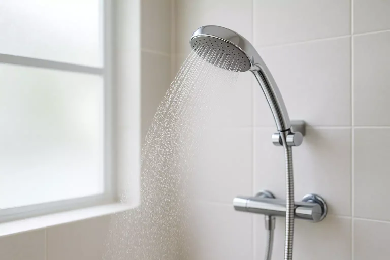 Pommeau de douche éco design installé dans une salle de bain moderne pour réduire la consommation d'eau