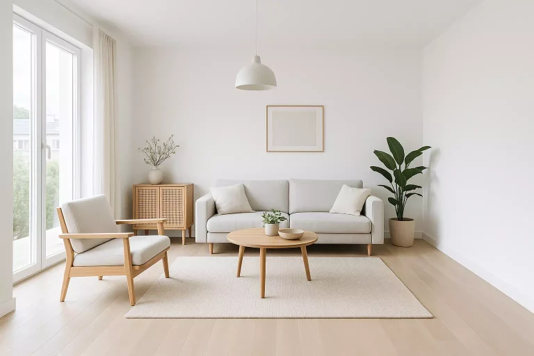 Salon moderne lumineux avec murs peints en blanc RAL 9016 et décoration chaleureuse en bois clair