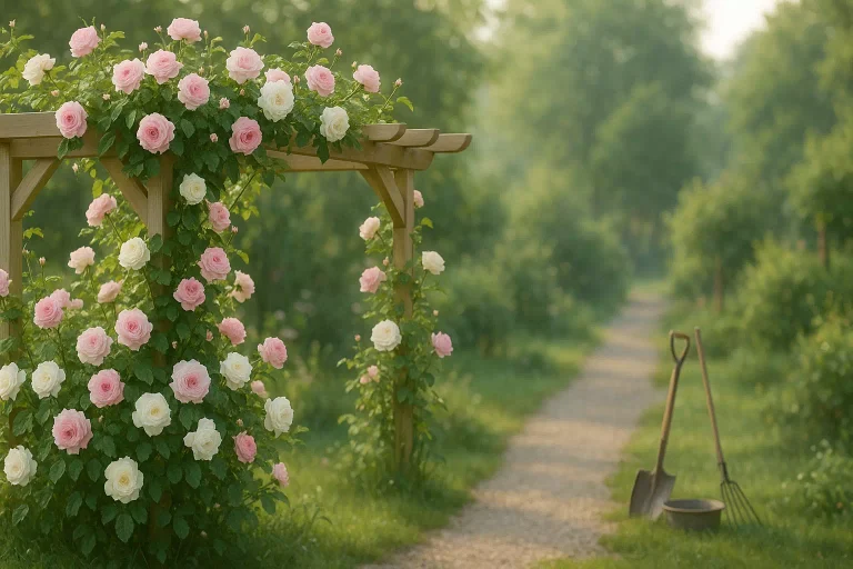 Taille d’un rosier grimpant en fleur sur une pergola en été dans un jardin bien entretenu