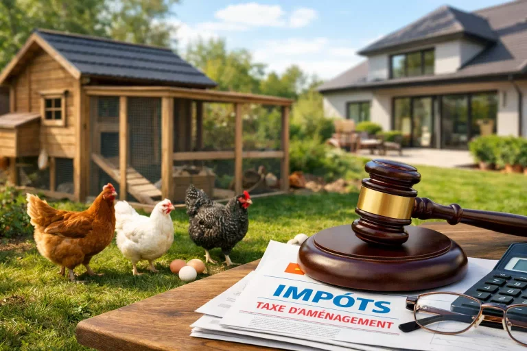 Poulailler installé dans un jardin avec documents fiscaux illustrant la taxe sur poulailler et la réglementation associée