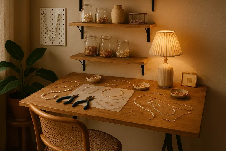 Atelier bijouterie à la maison avec coin bien aménagé, outils de création et rangements décoratifs dans une ambiance chaleureuse et inspirante