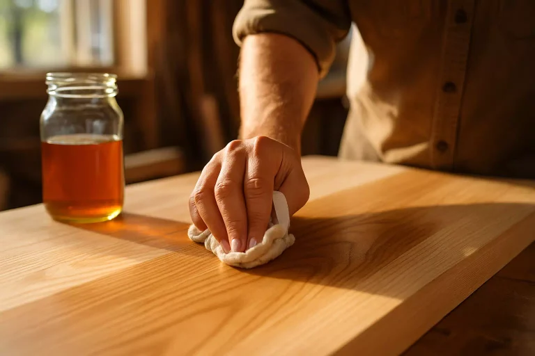 Application d’huile de lin sur bois dans un atelier lumineux avec rendu naturel