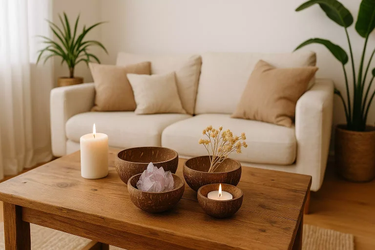 Bols en noix de coco utilisés comme objets de décoration naturelle sur une table de salon au style bohème