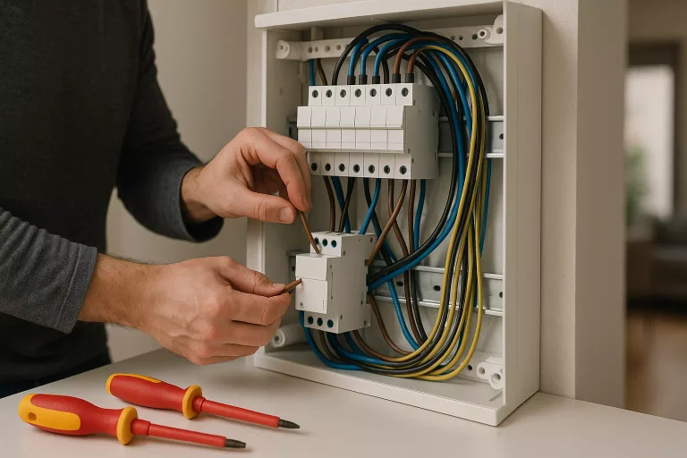Installation d'un télérupteur dans un tableau électrique domestique avec câblage détaillé et outils d’électricien.