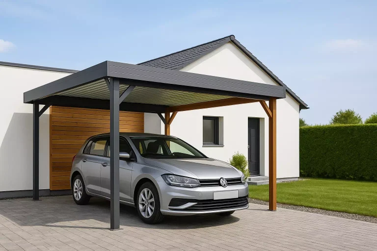 Carport Brico Dépôt installé devant une maison moderne pour abriter une voiture