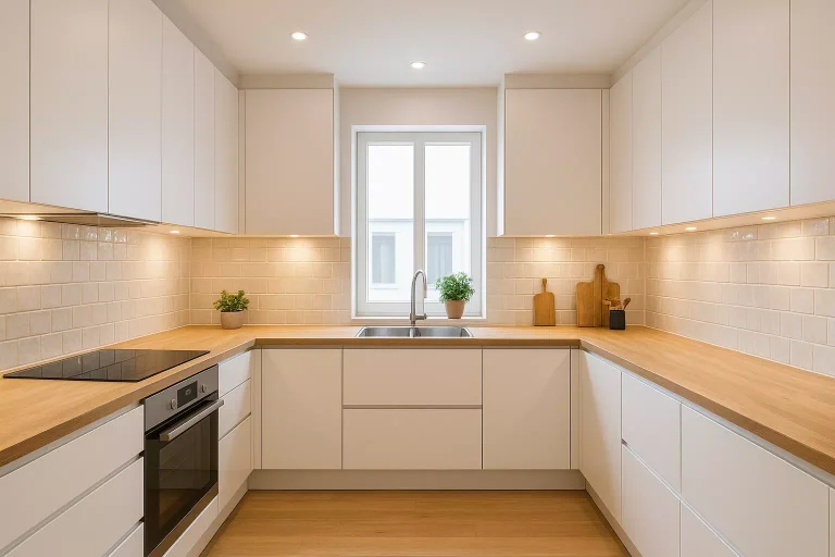 Cuisine en U moderne avec décoration intérieure épurée, meubles blancs et éclairage chaleureux