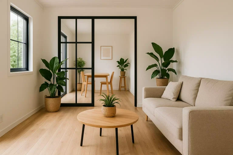 Décoration intérieure d’une maison en container moderne avec verrière, bois clair et ambiance chaleureuse