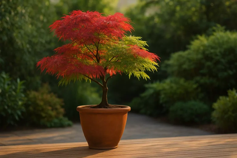 érable du Japon en pot sur terrasse boisée au lever du jour avec feuillage rouge et vert