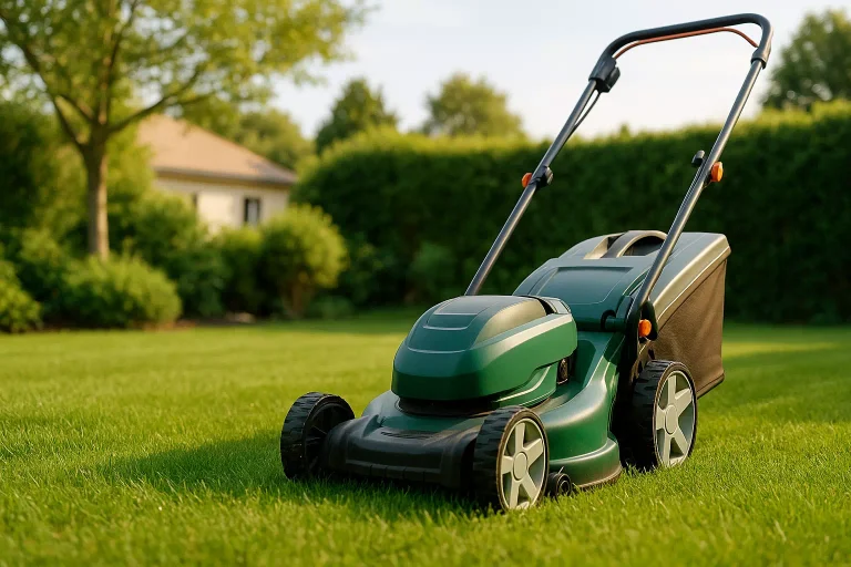Tondeuse électrique tondant une pelouse verte en respectant les horaires autorisés pour préserver la tranquillité du voisinage.