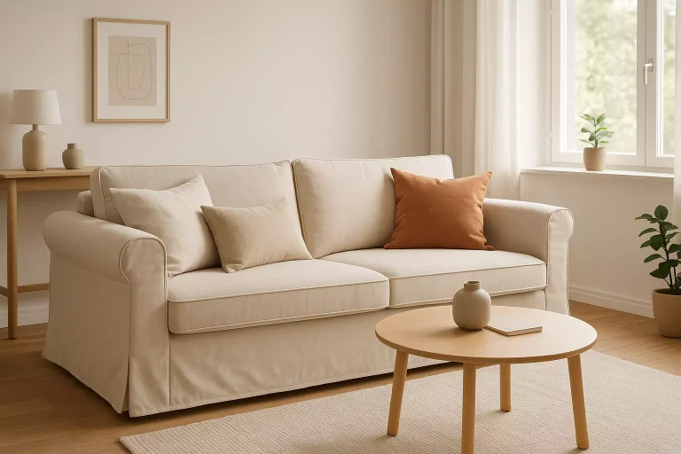 Housse de canapé IKEA beige dans un salon moderne décoré dans un style scandinave