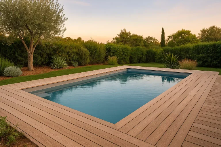 Piscine semi enterrée dans un jardin aménagé avec terrasse bois et végétation