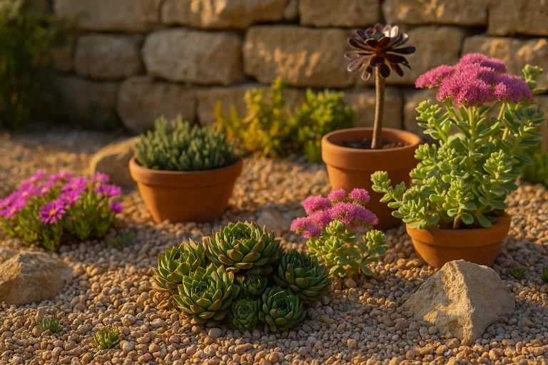 Plantes grasses en extérieur dans un jardin sec ensoleillé avec pots en terre cuite et pierres