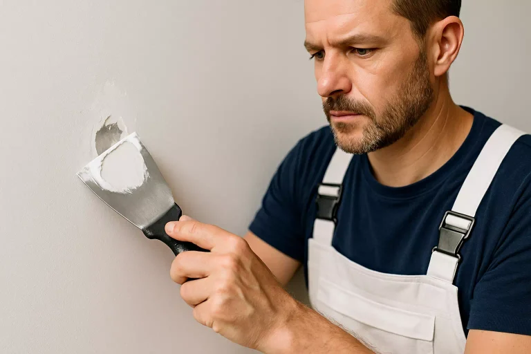 Rebouchage d’un trou dans un mur intérieur avec enduit et spatule