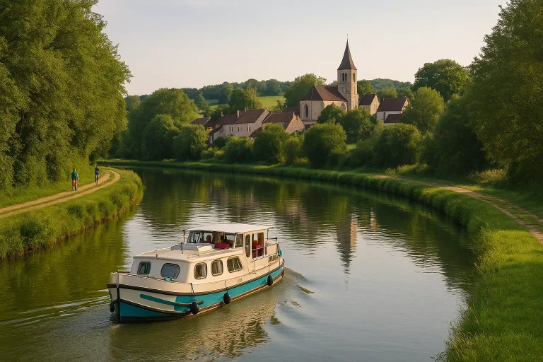 Péniche naviguant sur un canal français avec village et nature environnante, symbole du tourisme fluvial sur les voies navigables de France.