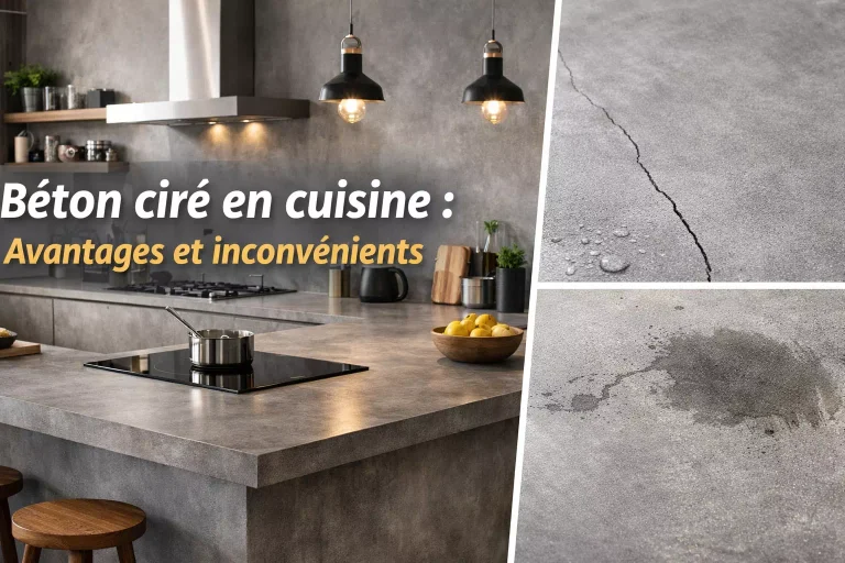 Cuisine moderne avec sol et plan de travail en béton ciré illustrant les avantages et inconvénients de ce revêtement en cuisine