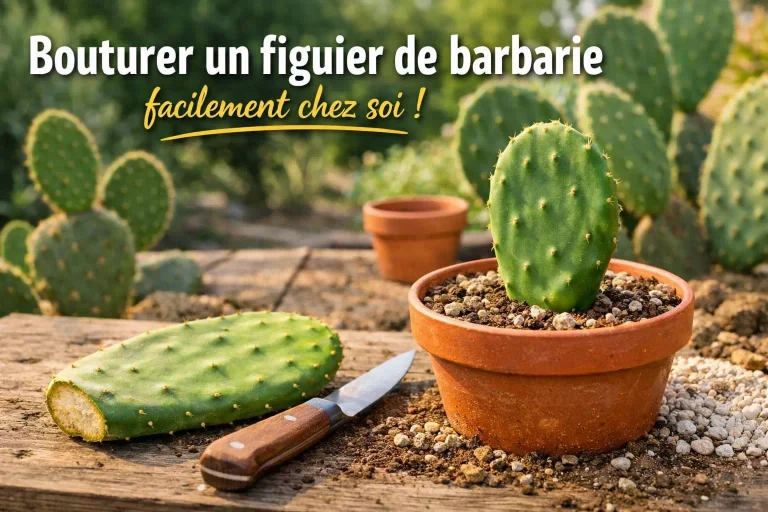 Bouture de figuier de barbarie avec raquette de cactus plantée dans un pot au jardin